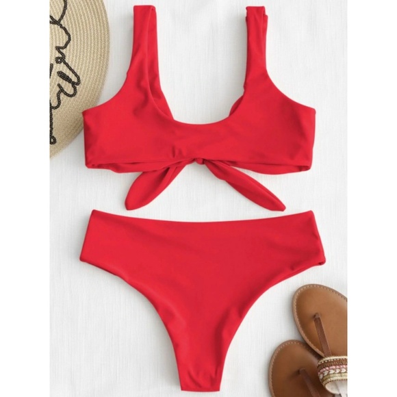 Zaful Bright Red Tie Front Padded Bikini Set - Picture 2 of 6